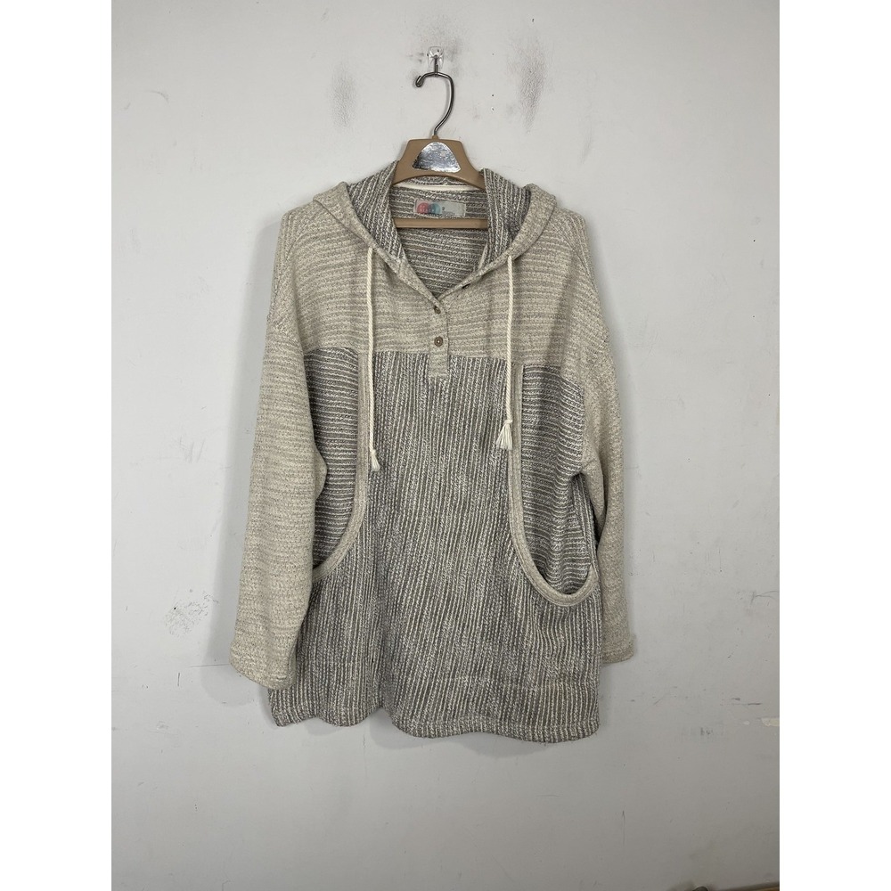 Free People Beach Womens XS Oversized Hoodie Sweater Gray Cream Henley OB1071830